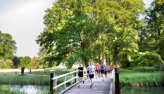 Een groep hardlopers rent door de natuur in Utrecht