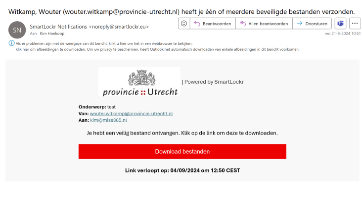 Screenshot van een ontvangen e-mail met rode downloadknop