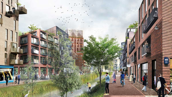 Impressie van een nieuwe woonwijk in de Merwedekanaalzone
