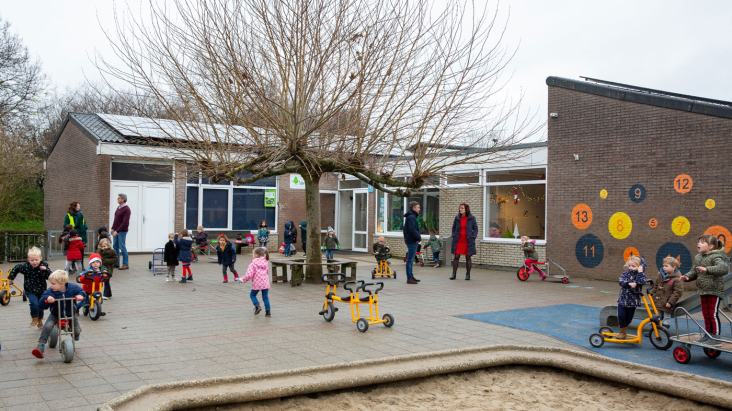 Spelende kinderen op schoolplein van school met zonnedaken