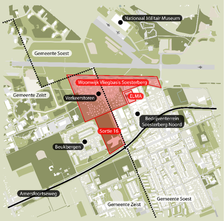 Kaart met daarop Woonwijk vliegbasis Soesterberg, Sortie 16, ELMA en omgeving.