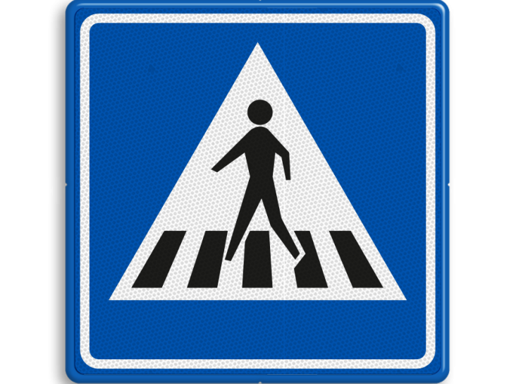 Een blauw verkeersbord met een voetganger erop die via een zebrapad de weg oversteekt (zebrapadbord).