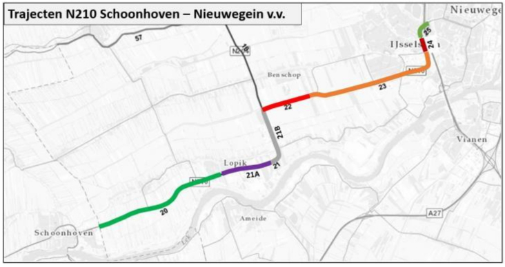 Kaart: studiegebied van de N210 bij Lopik-Oost