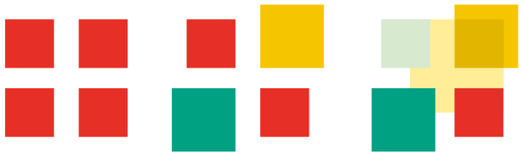 visualisatie van de vier rode blokjes en hoe daar een vormenstijl uit ontstaat.