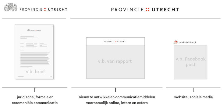 Horizon waarop is geschetst dat bij juridische documenten het wapen wordt gebruikt, bij online communicatiemiddelen het logo zonder wapen en op social media alleen de vier blokjes.