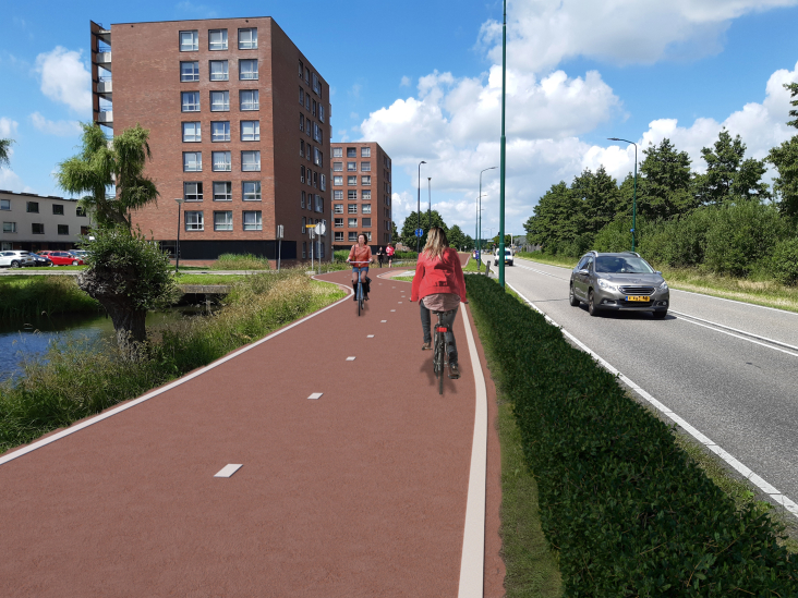 Een artist impression van het vernieuwde fietspad in IJsselstein als onderdeel van de doorfietsroute IJsselstein-Utrecht