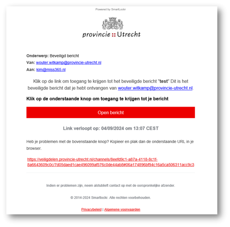 Screenshot e-mail met daarin knop om beveiligd bericht te openen