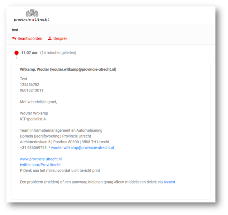 Screenshot geopend beveiligd bericht met antwoordmogelijkheid