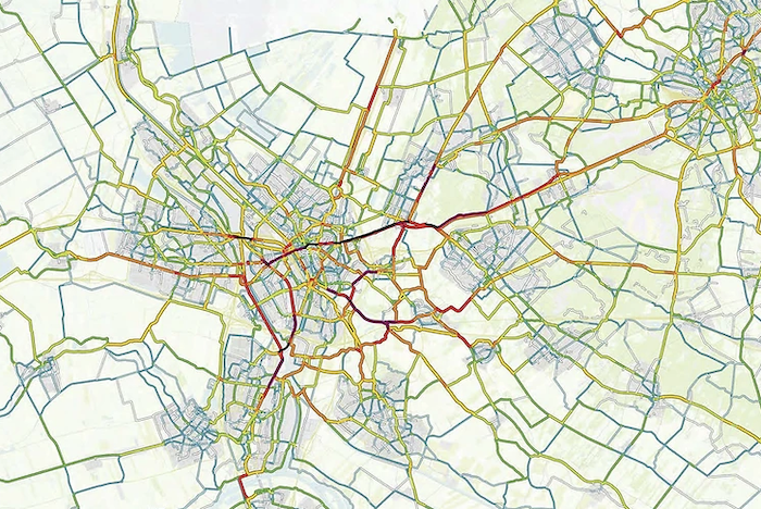 Kaart met daarop intensiteit gebruik fietspaden in omgeving Utrecht via Strava
