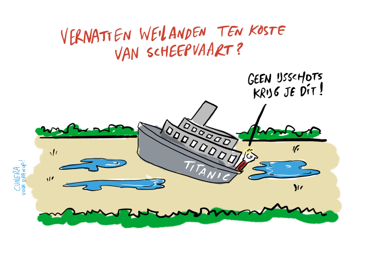 Striptekening van schip dat vastloopt door te laag waterpeil in kanaal