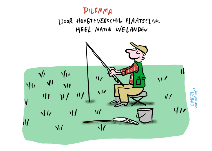 Striptekening van man die vist in een weiland