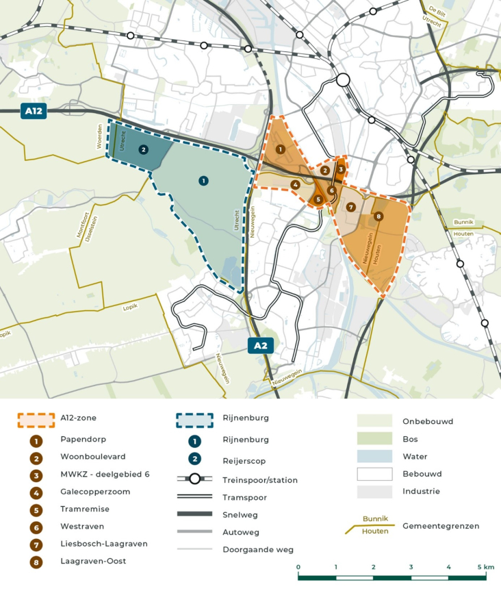 Tussen de A12-knooppunten Oudenrijn en Lunetten ligt het plangebied A12-zone