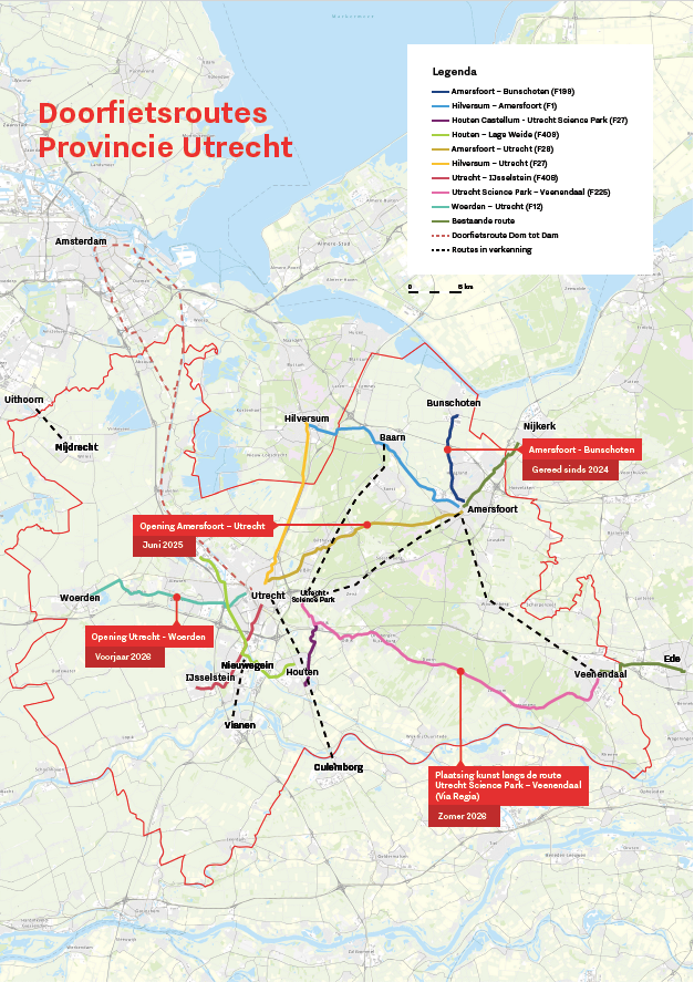 Kaart met daarop de doorfietsroutes in de provincie Utrecht 