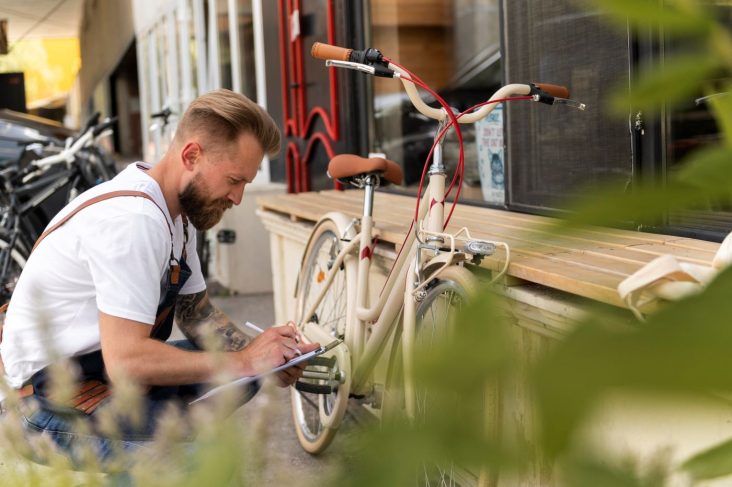 Fietsenmaker schrijft op wat er gerepareerd moet worden