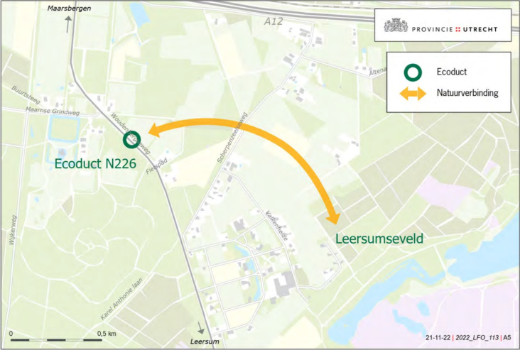 Kaart van de omgeving Leersumse Veld/Ecoduct N226 met ingetekend de natuurverbinding.