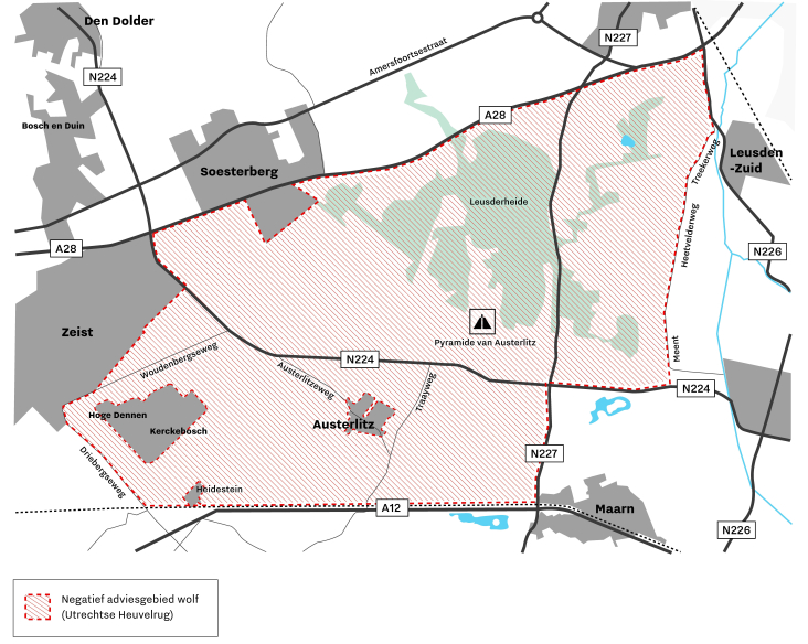  Er geldt een negatief advies voor een deel van de Utrechtse Heuvelrug in verband met een wolf. Dit advies geldt voor het gebied tussen de A28, Zeist, de A12 , Maarn en Leusden. 