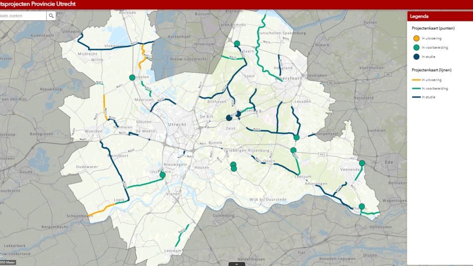 Projectenkaart wegwerkzaamheden provincie Utrecht