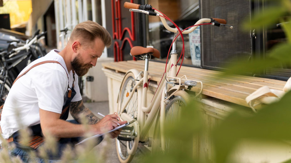 Fietsenmaker schrijft op wat er gerepareerd moet worden