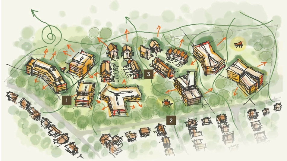 Een schets van het nieuwe Boshove. Met woningen in een groene omgeving. 